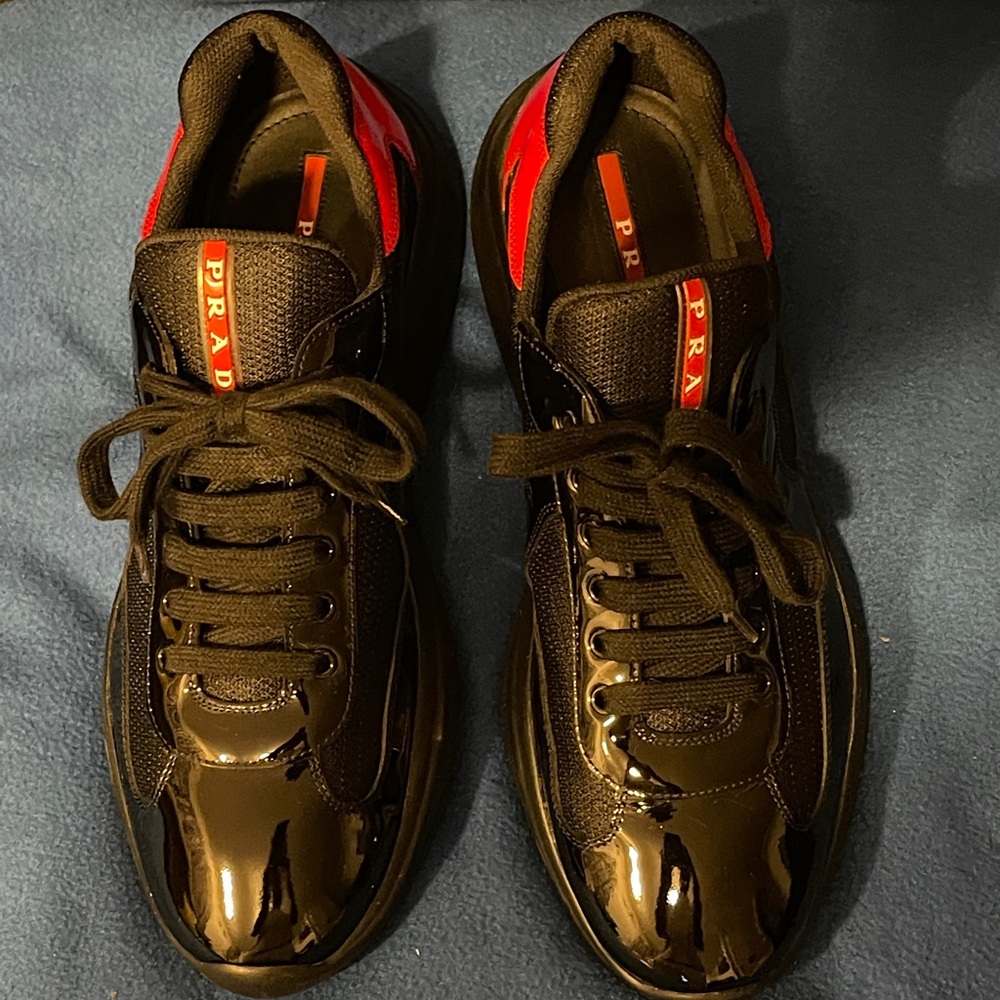 Prada America’s Cup Patent Leather Multi Color Sneakers.